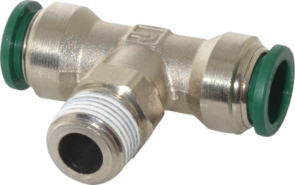 Parker - 1/2" Outside Diam, 3/8 NPTF, Nickel Plated Brass Push-to-Connect Tube Male Swivel Branch Tee - 300 Max psi, Tube to Male NPT Connection, Buna-N O-Ring - Exact Tooling