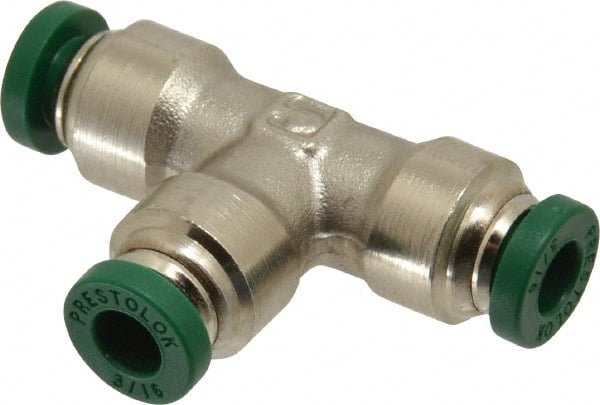 Parker - 3/16" Outside Diam, Nickel Plated Brass Push-to-Connect Tube Union Tee - 300 Max psi, Tube to Tube Connection, Buna-N O-Ring - Exact Tooling