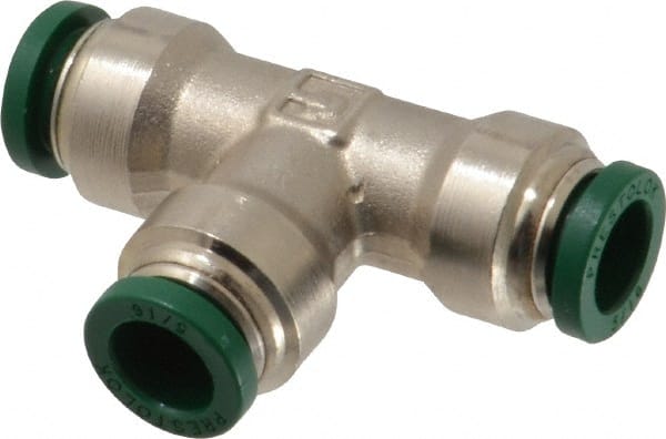 Parker - 5/16" Outside Diam, Nickel Plated Brass Push-to-Connect Tube Union Tee - 300 Max psi, Tube to Tube Connection, Buna-N O-Ring - Exact Tooling