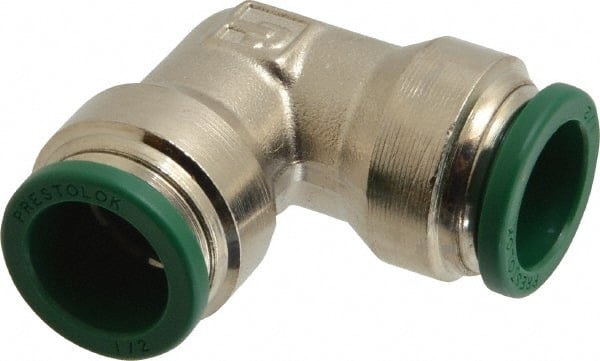 Parker - 1/2" Outside Diam, Nickel Plated Brass Push-to-Connect Tube Union Elbow - 300 Max psi, Tube to Tube Connection, Buna-N O-Ring - Exact Tooling