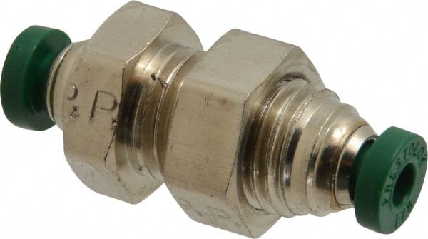 Parker - 1/8" Outside Diam, Nickel Plated Brass Push-to-Connect Tube Bulkhead Union - 300 Max psi, Tube to Tube Connection, Buna-N O-Ring - Exact Tooling