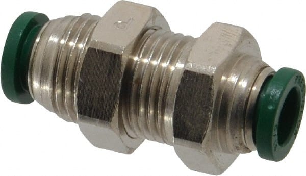 Parker - 5/16" Outside Diam, Nickel Plated Brass Push-to-Connect Tube Bulkhead Union - 300 Max psi, Tube to Tube Connection, Buna-N O-Ring - Exact Tooling