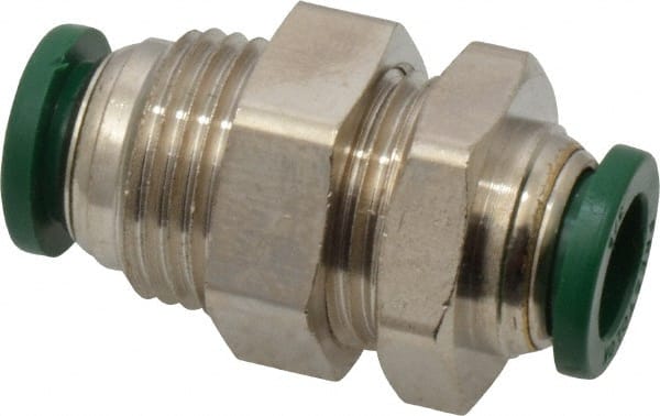 Parker - 3/8" Outside Diam, Nickel Plated Brass Push-to-Connect Tube Bulkhead Union - 300 Max psi, Tube to Tube Connection, Buna-N O-Ring - Exact Tooling