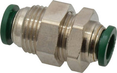 Parker - 3/8" Outside Diam, Nickel Plated Brass Push-to-Connect Tube Bulkhead Union - 300 Max psi, Tube to Tube Connection, Buna-N O-Ring - Exact Tooling
