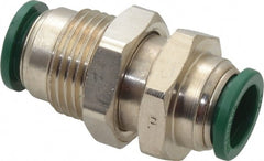 Parker - 1/2" Outside Diam, Nickel Plated Brass Push-to-Connect Tube Bulkhead Union - 300 Max psi, Tube to Tube Connection, Buna-N O-Ring - Exact Tooling