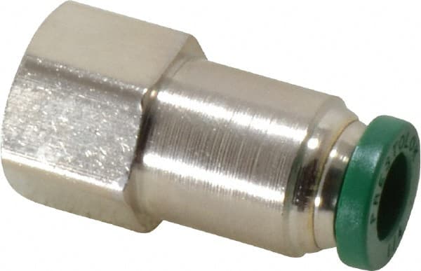 Parker - 1/4" Outside Diam, 1/8 NPTF, Nickel Plated Brass Push-to-Connect Tube Female Connector - 300 Max psi, Tube to Female NPT Connection, Buna-N O-Ring - Exact Tooling