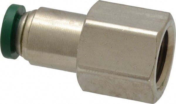 Parker - 1/4" Outside Diam, 1/4 NPTF, Nickel Plated Brass Push-to-Connect Tube Female Connector - 300 Max psi, Tube to Female NPT Connection, Buna-N O-Ring - Exact Tooling