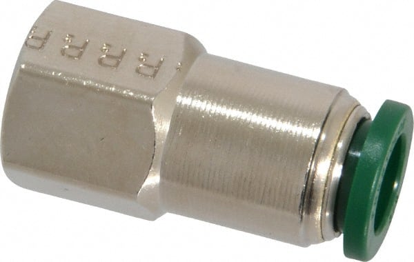 Parker - 3/8" Outside Diam, 1/4 NPTF, Nickel Plated Brass Push-to-Connect Tube Female Connector - 300 Max psi, Tube to Female NPT Connection, Buna-N O-Ring - Exact Tooling