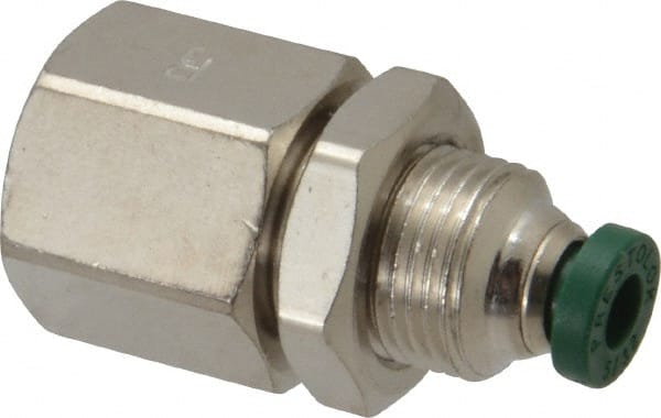 Parker - 5/32" Outside Diam, 1/4 NPTF, Nickel Plated Brass Push-to-Connect Tube Female Bulkhead - 300 Max psi, Tube to Female NPT Connection, Buna-N O-Ring - Exact Tooling