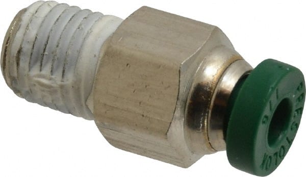Parker - 1/8" Outside Diam, 1/16 NPTF, Nickel Plated Brass Push-to-Connect Tube Male Connector - 300 Max psi, Tube to Male NPT Connection, Buna-N O-Ring - Exact Tooling