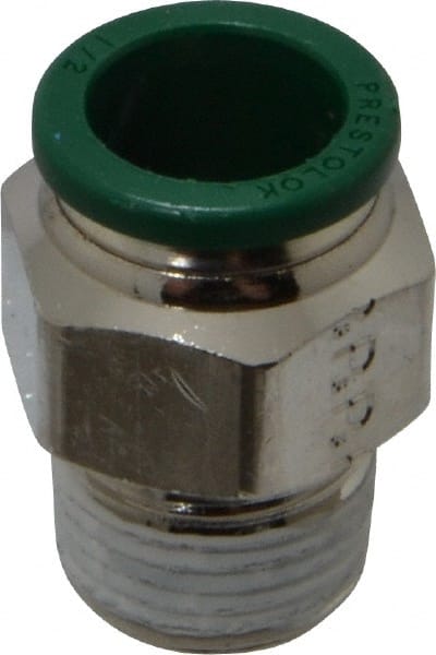 Parker - 1/2" Outside Diam, 3/8 NPTF, Nickel Plated Brass Push-to-Connect Tube Male Connector - 300 Max psi, Tube to Male NPT Connection, Buna-N O-Ring - Exact Tooling