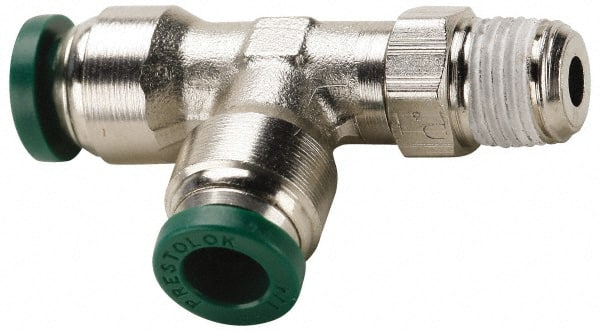 Parker - 1/2" Outside Diam, 1/2 NPTF, Nickel Plated Brass Push-to-Connect Tube Male Swivel Run Tee - 300 Max psi, Tube to Male NPT Connection, Buna-N O-Ring - Exact Tooling