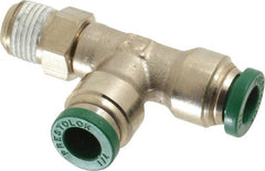 Parker - 1/4" Outside Diam, 1/8 NPTF, Nickel Plated Brass Push-to-Connect Tube Male Swivel Run Tee - 300 Max psi, Tube to Male NPT Connection, Buna-N O-Ring - Exact Tooling