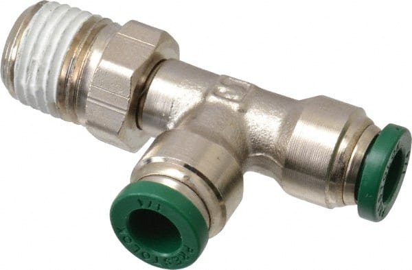 Parker - 1/4" Outside Diam, 1/4 NPTF, Nickel Plated Brass Push-to-Connect Tube Male Swivel Run Tee - 300 Max psi, Tube to Male NPT Connection, Buna-N O-Ring - Exact Tooling
