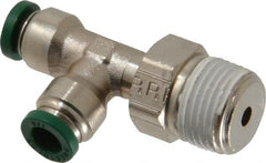 Parker - 1/4" Outside Diam, 3/8 NPTF, Nickel Plated Brass Push-to-Connect Tube Male Swivel Run Tee - 300 Max psi, Tube to Male NPT Connection, Buna-N O-Ring - Exact Tooling
