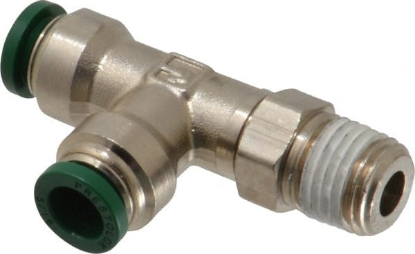 Parker - 5/16" Outside Diam, 1/4 NPTF, Nickel Plated Brass Push-to-Connect Tube Male Swivel Run Tee - 300 Max psi, Tube to Male NPT Connection, Buna-N O-Ring - Exact Tooling
