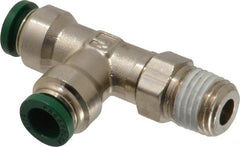 Parker - 5/16" Outside Diam, 1/4 NPTF, Nickel Plated Brass Push-to-Connect Tube Male Swivel Run Tee - 300 Max psi, Tube to Male NPT Connection, Buna-N O-Ring - Exact Tooling