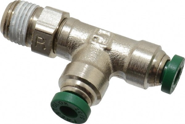 Parker - 5/32" Outside Diam, 1/8 NPTF, Nickel Plated Brass Push-to-Connect Tube Male Swivel Run Tee - 300 Max psi, Tube to Male NPT Connection, Buna-N O-Ring - Exact Tooling