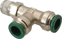 Parker - 3/8" Outside Diam, 1/4 NPTF, Nickel Plated Brass Push-to-Connect Tube Male Swivel Run Tee - 300 Max psi, Tube to Male NPT Connection, Buna-N O-Ring - Exact Tooling