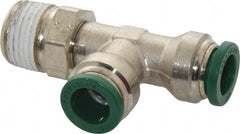 Parker - 3/8" Outside Diam, 3/8 NPTF, Nickel Plated Brass Push-to-Connect Tube Male Swivel Run Tee - 300 Max psi, Tube to Male NPT Connection, Buna-N O-Ring - Exact Tooling