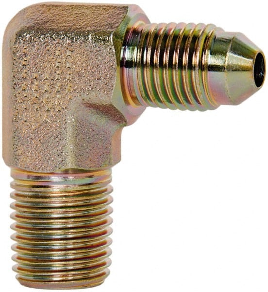 Voss - 7/16-20 x 1/4 Male Thread, Zinc Plated Carbon Steel Industrial Pipe 90° Elbow Adapter - MJIC x MBSPT - Exact Tooling