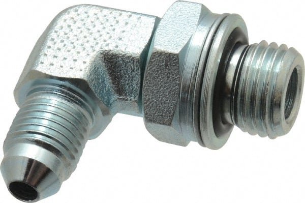 Voss - 7/16-20 x M14x1.5 Male Thread, Zinc Plated Carbon Steel Industrial Pipe 90° Elbow Adapter - MJIC x Male Metric - Exact Tooling