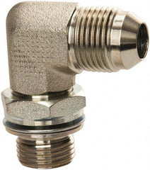 Voss - 3/4-16 x M18x1.5 Male Thread, Zinc Plated Carbon Steel Industrial Pipe 90° Elbow Adapter - MJIC x Male Metric - Exact Tooling