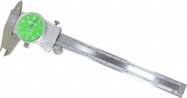 Mitutoyo - 0mm to 6" Range, 0.001" Graduation, 0.1" per Revolution, Dial Caliper - Green Face, 1-9/16" Jaw Length, Accurate to 0.0010" - Exact Tooling