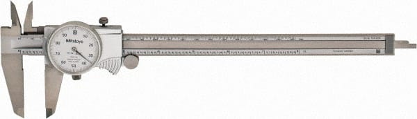 Mitutoyo - 8" Max, 0.001" Graduation, 0.1" per Revolution, Dial Caliper - White Face, 1.9688" Jaw Length, Accurate to 0.0020" - Exact Tooling