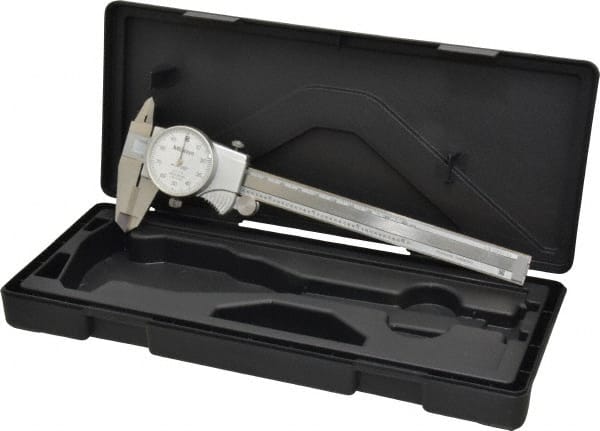 Mitutoyo - 0mm to 6" Range, 0.001" Graduation, 0.1" per Revolution, Dial Caliper - White Face, 1-9/16" Jaw Length, Accurate to 0.0010" - Exact Tooling