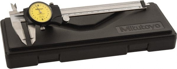 Mitutoyo - 0mm to 150mm Range, 0.02 mm Graduation, 2mm per Revolution, Dial Caliper - Yellow Face, 1-9/16" Jaw Length, Accurate to 0.03mm - Exact Tooling