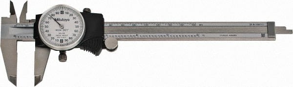 Mitutoyo - 0mm to 6" Range, 0.001" Graduation, 0.2" per Revolution, Dial Caliper - White Face, 1-9/16" Jaw Length, Accurate to 0.0010" - Exact Tooling
