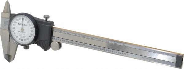 Mitutoyo - 0mm to 6" Range, 0.001" Graduation, 0.2" per Revolution, Dial Caliper - White Face, 1-9/16" Jaw Length, Accurate to 0.0010" - Exact Tooling