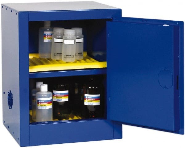 Eagle - 1 Door, 1 Shelf, Blue Steel Bench Top Safety Cabinet for Corrosive Chemicals - 23" High x 17-1/2" Wide x 18" Deep, Self Closing Door, 3 Point Key Lock, 4 Gal Capacity - Exact Tooling