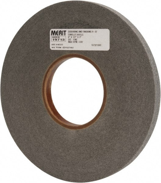 Merit Abrasives - 8" Diam, 1/2" Face Width, 3" Center Hole, Fine Grade, Silicon Carbide Deburring Wheel - Convolute, Hard Density 9 Grade, 4,500 RPM - Exact Tooling