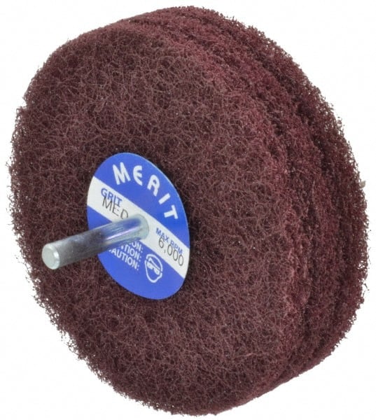 Merit Abrasives - 4" Diam, Medium Mounted Scrubber Buffing Wheel - 3 Ply, Medium Grade, 1/4" Shank Diam, 6,000 RPM - Exact Tooling