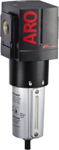 ARO/Ingersoll-Rand - 3/4" Port, 9.925" High x 3.858" Wide Heavy Duty Filter with Metal Bowl, Manual Drain - 288 SCFM, 250 Max psi, 175°F Max Temp, Sight Glass Included, Modular Connection, 5.3 oz Bowl Capacity - Exact Tooling