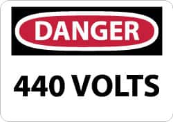 NMC - Accident Prevention Label, Header: DANGER - Legend: Danger - 440 Volts, English, Red, Black & White, 5" Long x 3" High, Sign Muscle Finish - Exact Tooling