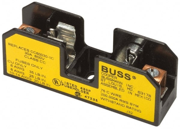 Cooper Bussmann - 2 Pole, 10 to 14 AWG, 480 VAC/VDC, 30 Amp, DIN Rail Mount Fuse Block - 3 Inch Long x 1.63 Inch Wide x 1.22 Inch High Block - Exact Tooling