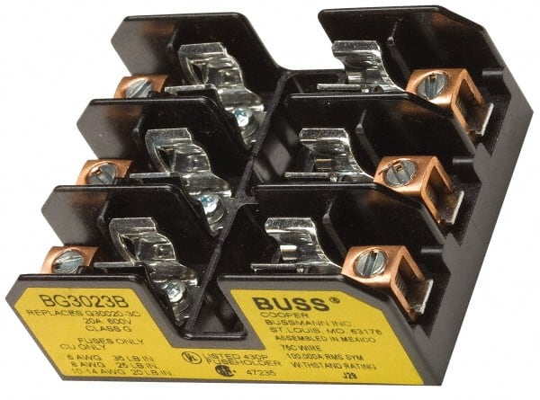Cooper Bussmann - 3 Pole, 14 to 6 AWG, 480 VAC/VDC, 30 Amp, DIN Rail Mount Fuse Block - 3 Inch Long x 2.38 Inch Wide x 1.22 Inch High Block - Exact Tooling