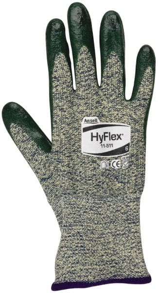 Ansell - Size XS (6), ANSI Cut Lvl 4, Abrasion Lvl 3, Nitrile Coated Cut Resistant Gloves - 12" Long, Palm & Fingers Coated, Kevlar Lining, Knit Wrist, Green, Paired - Exact Tooling