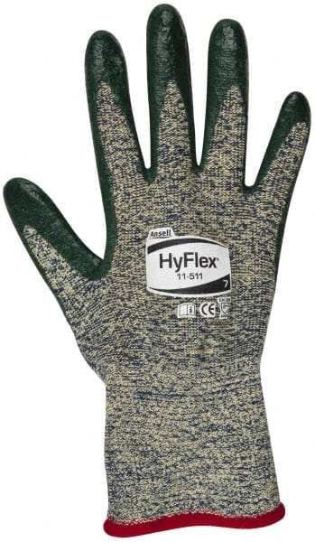 Ansell - Size S (7), ANSI Cut Lvl 4, Abrasion Lvl 3, Nitrile Coated Cut Resistant Gloves - 12" Long, Palm & Fingers Coated, Kevlar Lining, Knit Wrist, Green, Paired - Exact Tooling