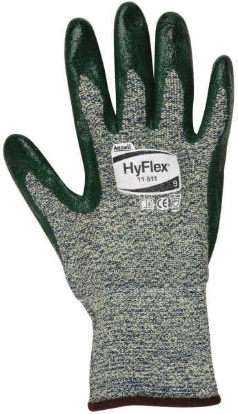 Ansell - Size L (9), ANSI Cut Lvl 4, Abrasion Lvl 3, Nitrile Coated Cut Resistant Gloves - 12" Long, Palm & Fingers Coated, Kevlar Lining, Knit Wrist, Green, Paired - Exact Tooling