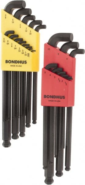 Bondhus - 22 Piece L-Key Ball End Hex Key Set - Hex Range 0.05 to 3/8", Protanium Up to reg/ Over Steel - Exact Tooling