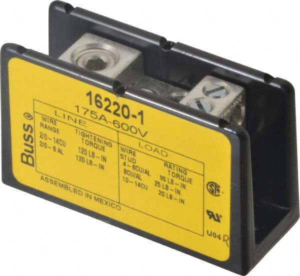 Cooper Bussmann - 1 Pole, 175 Amp, 8-2/0 AWG (Al), 14-2/0 AWG (Cu) Primary, 4-14 AWG (Cu), 4-8 AWG (Al) Secondary, Thermoplastic Power Distribution Block - 600 VAC/VDC, 1 Primary Connection, 1.96 Inch Long x 3.32 Inch Deep x 4 Inch High - Exact Tooling