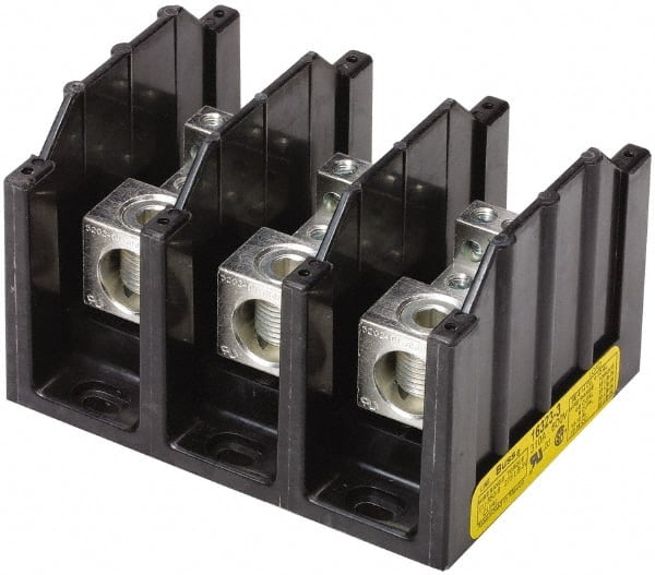 Cooper Bussmann - 3 Poles, 380 Amp, 500 kcmil-6 AWG (Cu/Al) Primary, 3/8-16 x 1-1/4 Stud Secondary, Thermoplastic Power Distribution Block - 600 VAC/VDC, 1 Primary Connection, 5.2 Inch Long x 3.32 Inch Deep x 4 Inch High - Exact Tooling