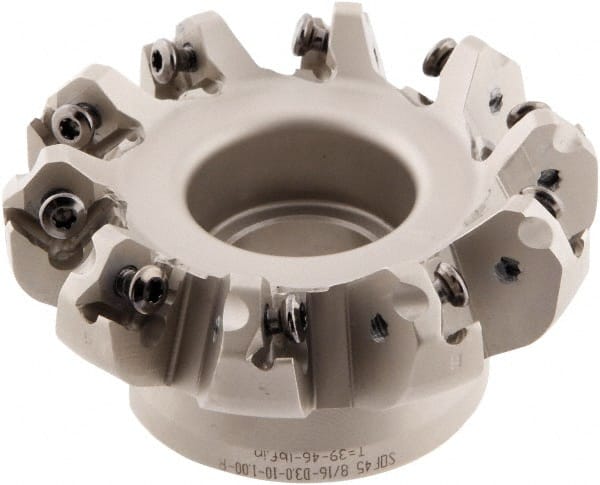 Iscar - 3" Cut Diam, 1" Arbor Hole, 0.138" Max Depth of Cut, 45° Indexable Chamfer & Angle Face Mill - 10 Inserts, ONHU 0505\xB6OXMT 0507\xB6S845 SN.U 1305 Insert, Right Hand Cut, 10 Flutes, Series Helido - Exact Tooling