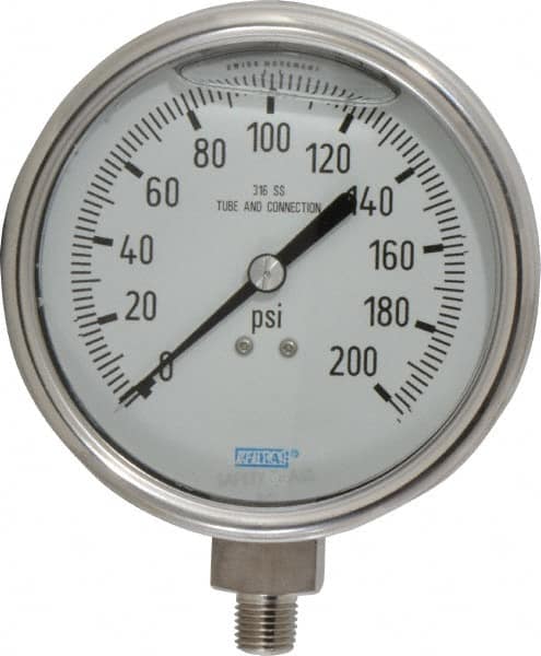 Wika - 4" Dial, 1/4 Thread, 0-200 Scale Range, Pressure Gauge - Lower Connection Mount, Accurate to 1% of Scale - Exact Tooling