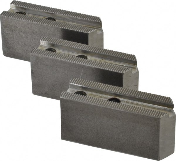 H & R Manufacturing - 1.5mm x 60° Serrated Attachment, Square Soft Lathe Chuck Jaw - 3 Jaws, Steel, 0.969" Btw Mount Hole Ctrs, 3-1/8" Long x 1" Wide x 1-1/2" High, 0.433" Groove, 8mm Fastener - Exact Tooling