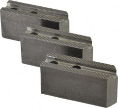 H & R Manufacturing - 1.5mm x 60° Serrated Attachment, Square Soft Lathe Chuck Jaw - 3 Jaws, Steel, 0.969" Btw Mount Hole Ctrs, 3-1/8" Long x 1" Wide x 1-1/2" High, 0.433" Groove, 8mm Fastener - Exact Tooling
